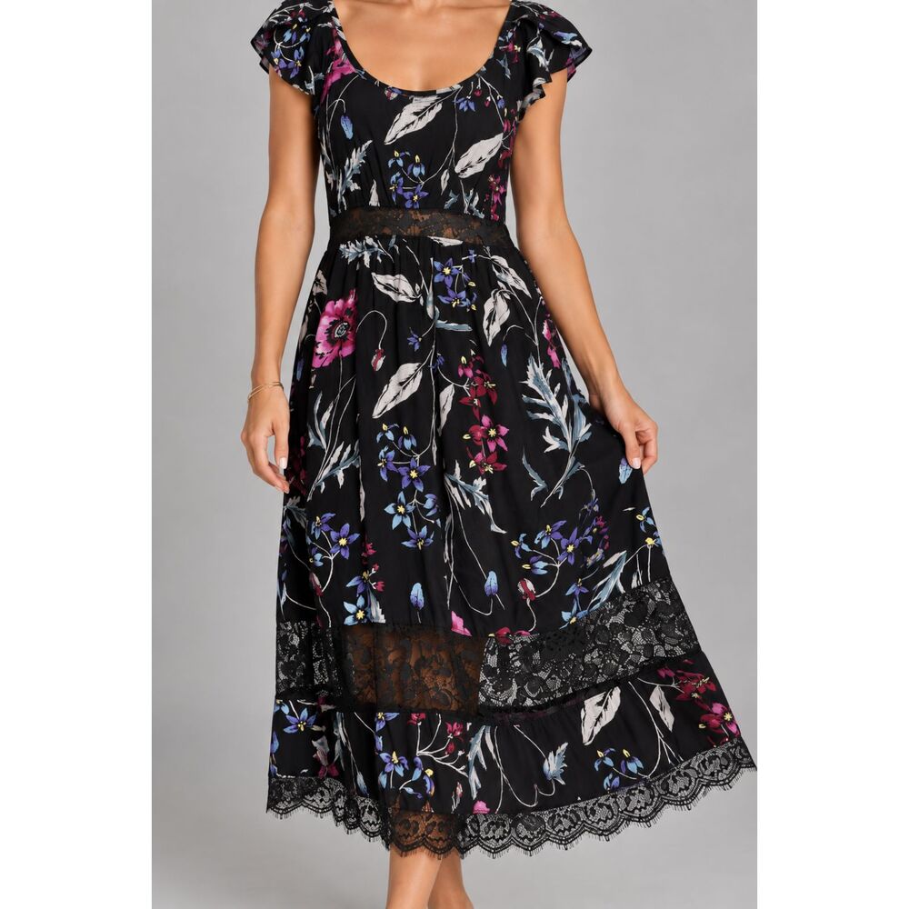 Express Women’s S Black Floral Midi Dress Lace Trim Cap Sleeve Boho NWT